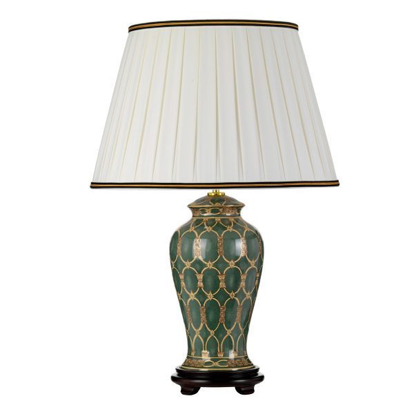 Elstead Sashi green and gold ceramic table lamp with ivory Empire shade on white background.