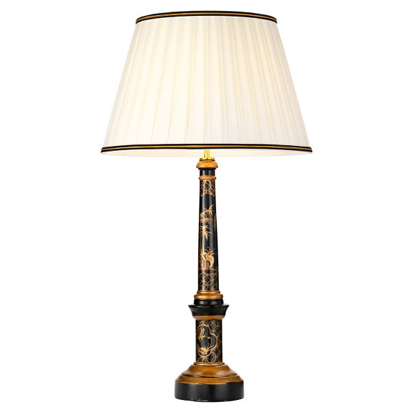 Elstead Strasbourg wooden column table lamp in black and gold on white background