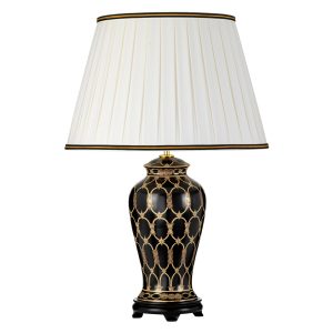 Elstead Taipei ceramic vase table lamp in black and gold on white background