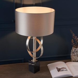 Double hoop silver leaf table lamp with black marble base and mink shade main image