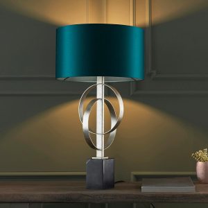 Double hoop silver leaf table lamp with black marble base and teal shade main image