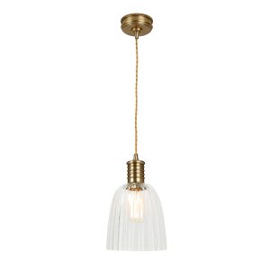 Elstead Douille 1 light ceiling pendant in aged brass with ribbed glass shade, shown full height on white background, with shade.