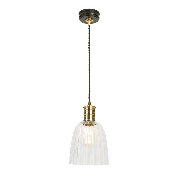 Elstead Douille 1 light pendant in black and polished brass with ribbed glass shade, shown on white background with shade.