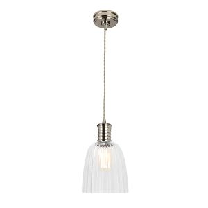 Elstead Douille 1 light pendant in polished nickel with ribbed glass shade, shown full height, with shade on white background.