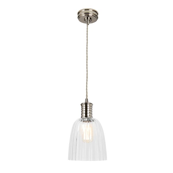 Elstead Douille 1 light pendant in polished nickel with ribbed glass shade, shown full height, with shade on white background.