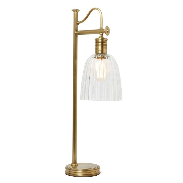 Elstead Douille 1 light table lamp in aged brass finish with ribbed glass shade, shown on white background, with shade.