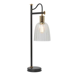 Elstead Douille 1 light table lamp in black and polished brass finish with ribbed glass shade, shown on white background, with shade.