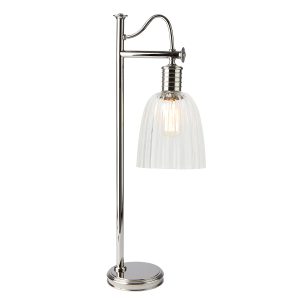 Elstead Douille 1 light table lamp in polished nickel with ribbed glass shade, shown on white background with shade.