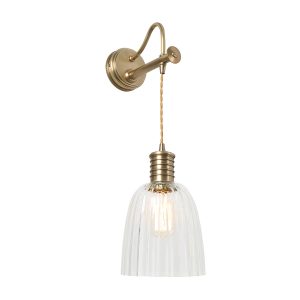 Elstead Douille hanging wall light in aged brass with ribbed glass shade, shown with shade on white background.