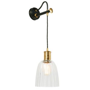 Elstead Douille hanging wall light in black and polished brass, shown with shade on white background.