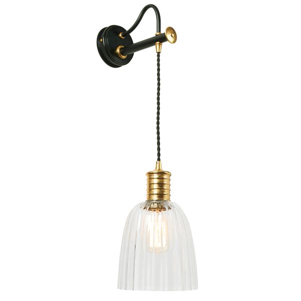 Elstead Douille hanging wall light in black and polished brass, shown with shade on white background.