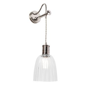 Elstead Douille 1 light hanging wall light in polished nickel shown with shade on white background.