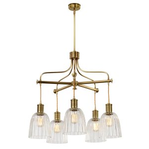 Elstead Douille 5 light chandelier in aged brass finish with ribbed glass shades, full height on white background, with shades.