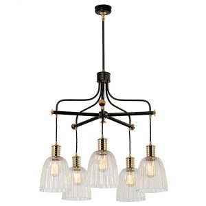 Elstead Douille 5 light chandelier in black and polished brass with ribbed glass shades, shown full height on white background with shades.