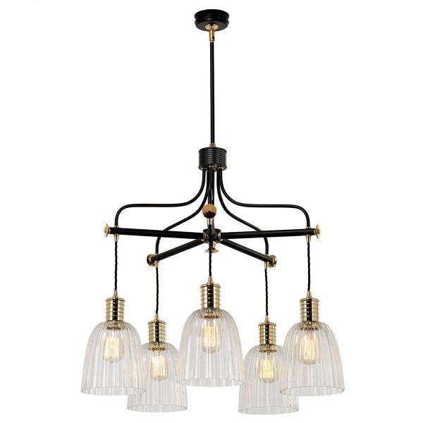 Elstead Douille 5 light chandelier in black and polished brass with ribbed glass shades, shown full height on white background with shades.