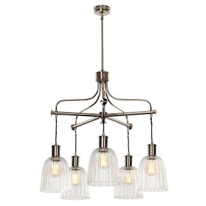 Elstead Douille 5 light chandelier in polished nickel with ribbed glass shades, full height on white background, with shades.