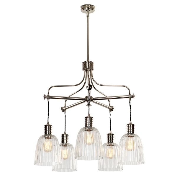 Elstead Douille 5 light chandelier in polished nickel with ribbed glass shades, full height on white background, with shades.