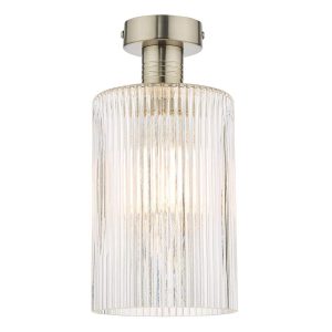 Emerson low ceiling light in aged chrome with ribbed cylinder glass shade on white background