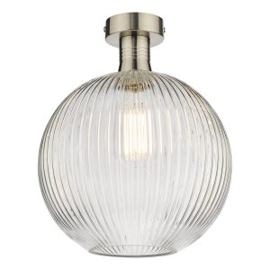 Emerson low ceiling light in aged chrome with ribbed glass globe shade on white background