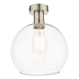 Emerson low ceiling light in aged chrome with clear glass globe shade on white background