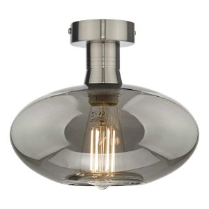 Emerson low ceiling light in aged chrome with smoked oval glass shade on white background