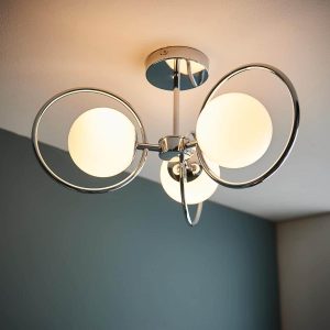 Endon Orb 3 lamp semi flush ceiling light in chrome with opal glass shades main image