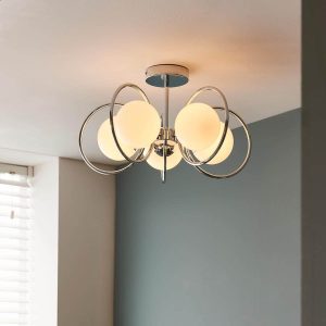 Endon Orb 5 lamp semi flush ceiling light in chrome with opal glass shades main image