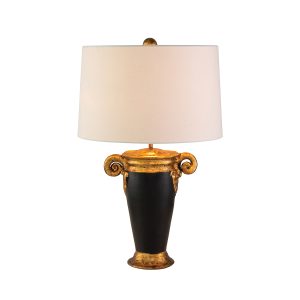 Gallier single light sculpted urn table lamp in black and gold on white background