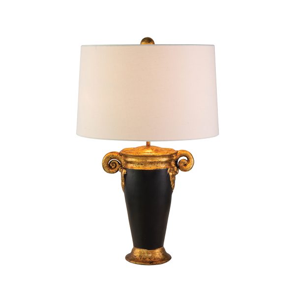 Gallier single light sculpted urn table lamp in black and gold on white background