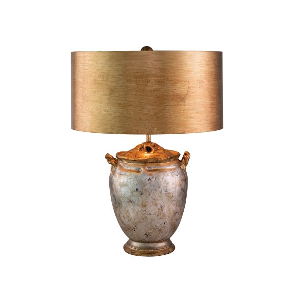 Jackson single light vase table lamp in antique silver and gold leaf on white background