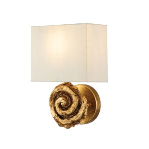 Swirl large single light wall light with linen shade in antique gold leaf on white background