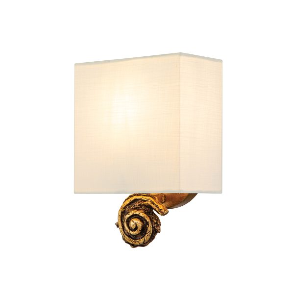 Swirl small single light wall light with linen shade in antique gold leaf on white background