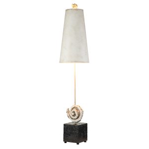 Swirl single light table lamp with shade in bone white and black on white background