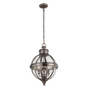 Feiss Adams 3 light pendant chandelier globe in antique nickel, full height on white background.