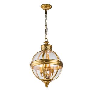 Feiss Adams 3 light pendant chandelier globe in burnished brass, full height on white background lit.