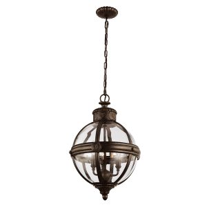 Feiss Adams 3 light pendant chandelier globe in British bronze, full height on white background.