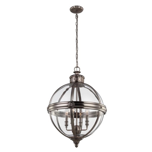 Feiss Adams 4-light pendant chandelier globe in antique nickel, full height on white background.