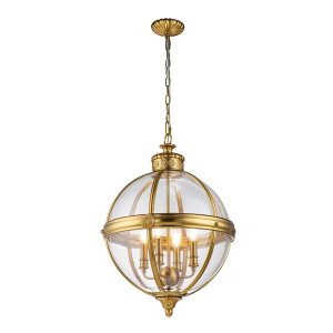 Feiss Adams 4 light pendant chandelier globe in burnished brass full height on white background, lit.