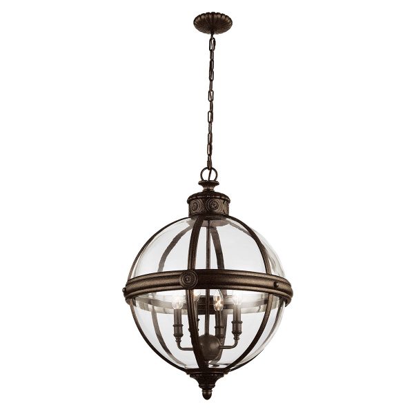 Feiss Adams 4 light pendant chandelier globe in British bronze, full height on white background.