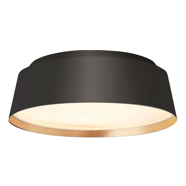 Feiss Asher midnight black 3 light flush ceiling light on white background.