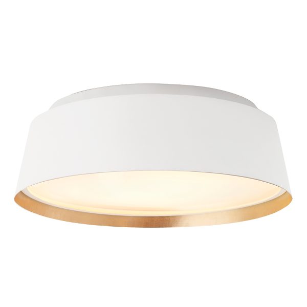 Feiss Asher matte white 3 light flush ceiling light on white background.