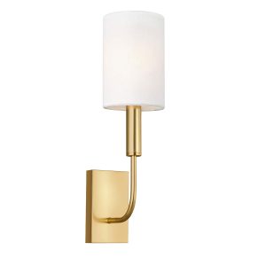 Feiss Brianna 1 lamp wall light in burnished brass finish with white linen shade on white background.