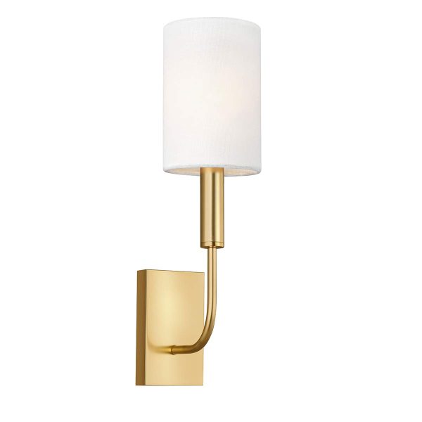 Feiss Brianna 1 lamp wall light in burnished brass finish with white linen shade on white background.