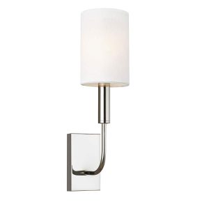 Feiss Brianna 1 lamp wall light in polished nickel with white linen shade on white background.