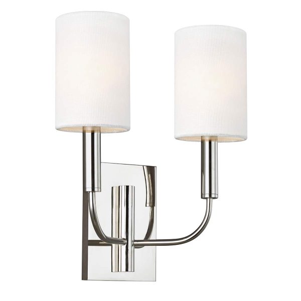 Feiss Brianna twin wall light in polished nickel with white linen shades on white background.