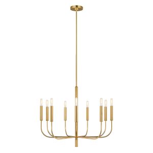 Feiss Brianna 9 light chandelier in burnished brass, full height on white background.