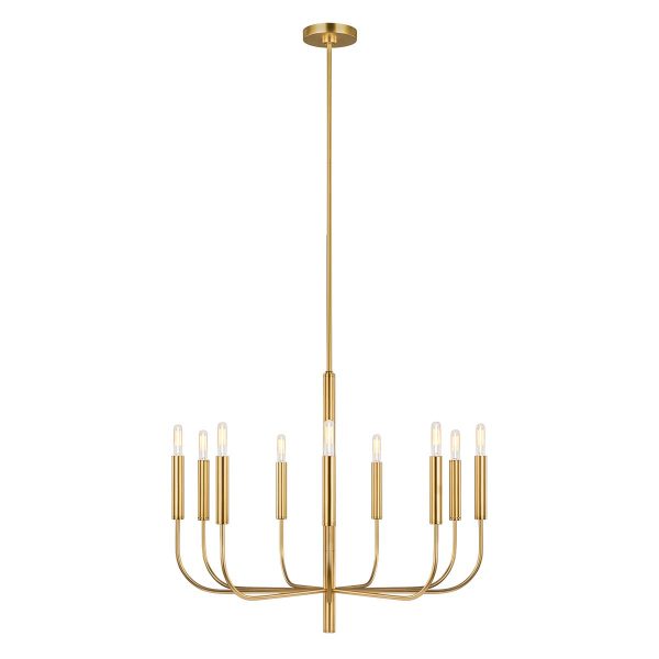 Feiss Brianna 9 light chandelier in burnished brass, full height on white background.