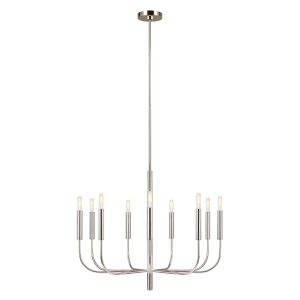 Feiss Brianna 9 light chandelier in polished nickel, full height on white background.