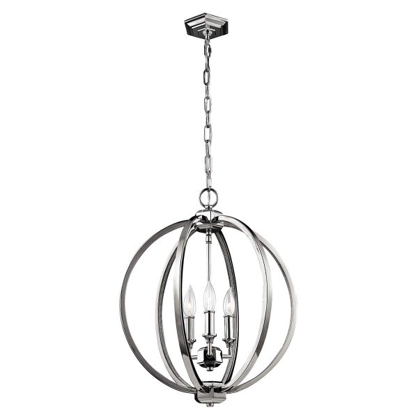 Feiss Corinne medium 3 light pendant in polished nickel with crystal inlay, full height on white background.