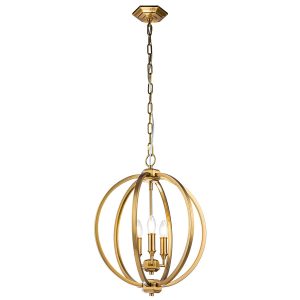 Feiss Corinne medium 3 light pendant in burnished brass, full height on white background.